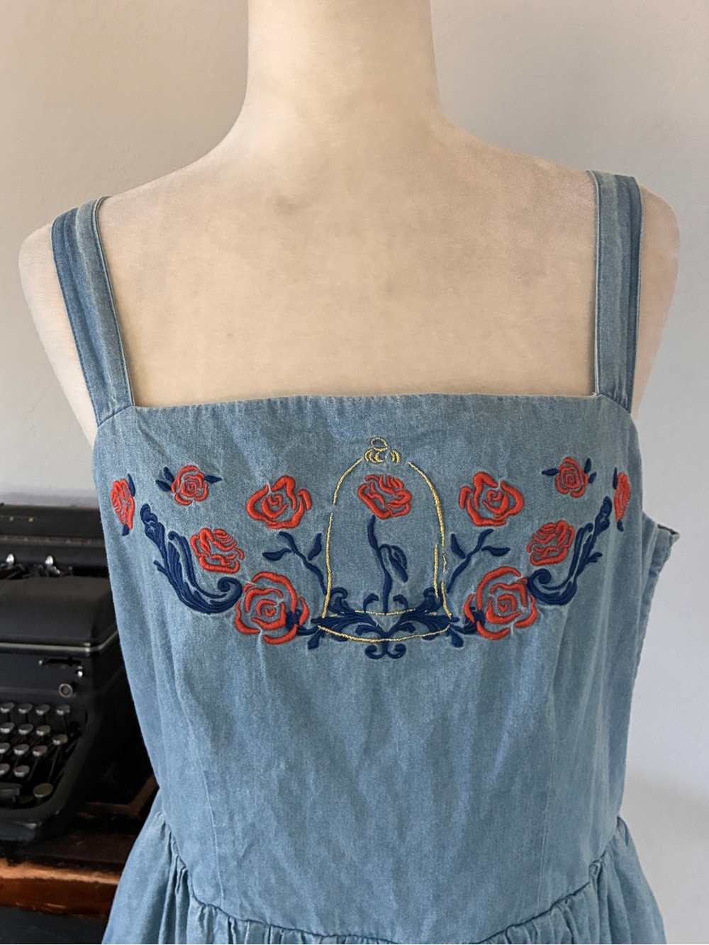 Disney Belle Beauty and The Beast Enchanted Rose Denim Sundress- Size Large - Picture 3 of 16